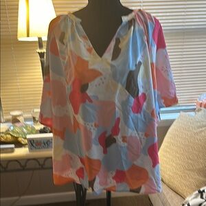 Pink and Blue Relaxed 3/4 Sleeve Blouse